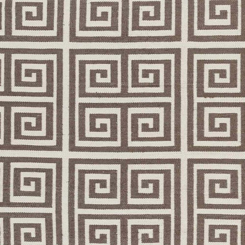 Close-up of the Hollytree Area Rug. Cream and dark red PVC rug with a contemporary geometric pattern. Hand woven texture. Swatch