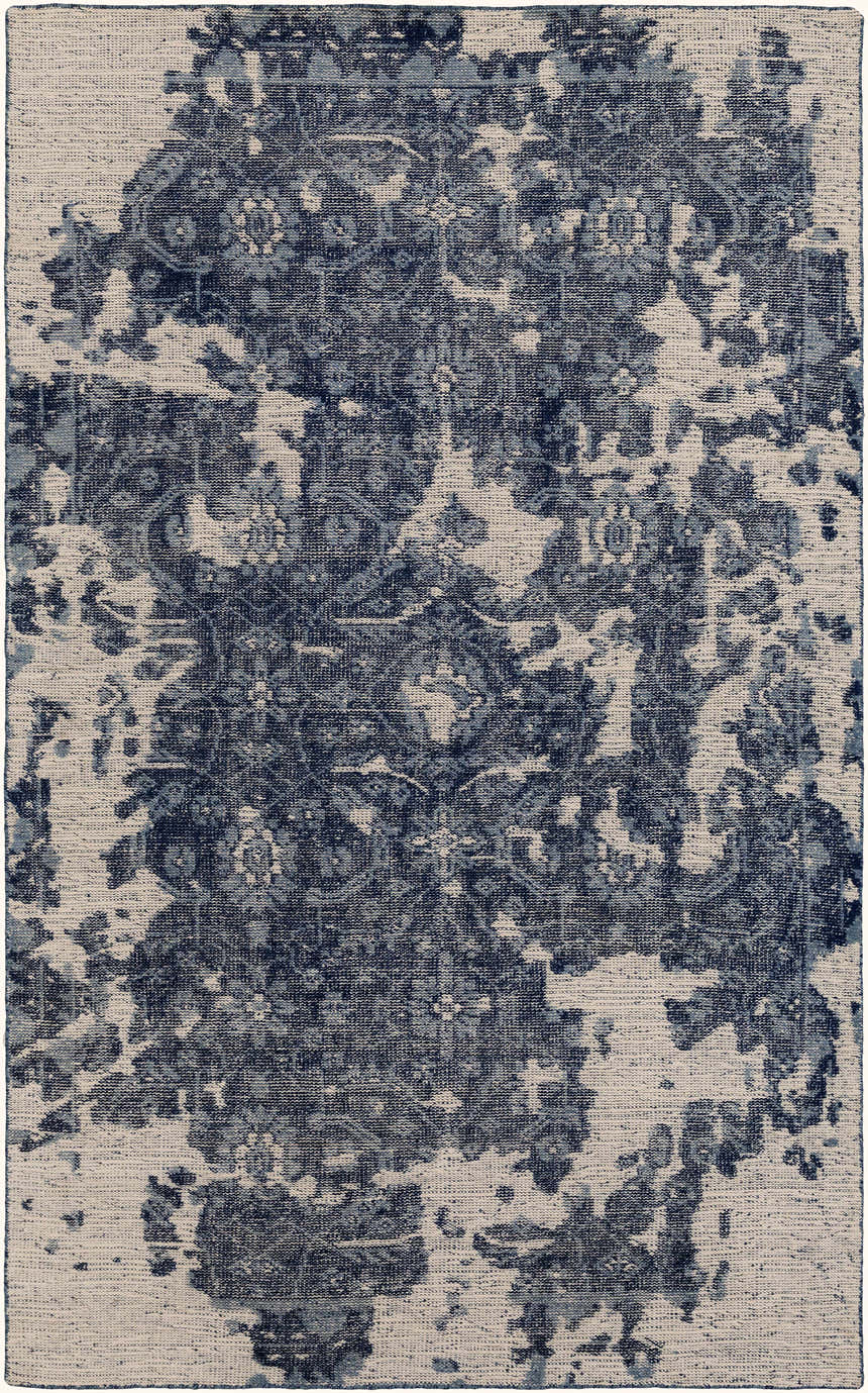 Close-up of the Holmes Carpet - Clearance. Hand-knotted wool rug in ivory and navy with a vintage, bohemian pattern. Design-Rectangle-69