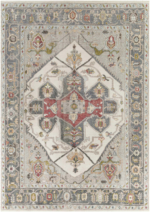 Halayhayin Premium Rug with a traditional, hand-knotted design in brick red, cream, and gray tones. Bohemian style. Design-Rectangle-810