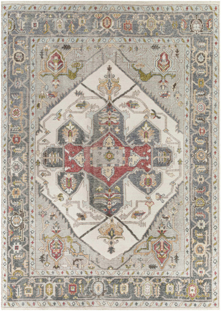 Halayhayin Premium Rug with a traditional, hand-knotted design in brick red, cream, and gray tones. Bohemian style. Design-Rectangle-810