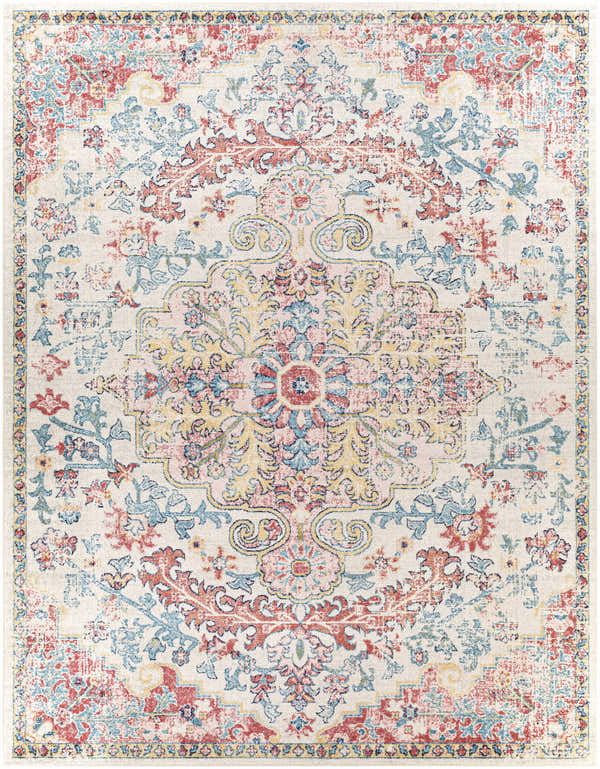 Close-up of the Hemingbrough Red&White Medallion Rug featuring a traditional floral pattern in red, blue, saffron, and off-white. Design-Rectangle-71010