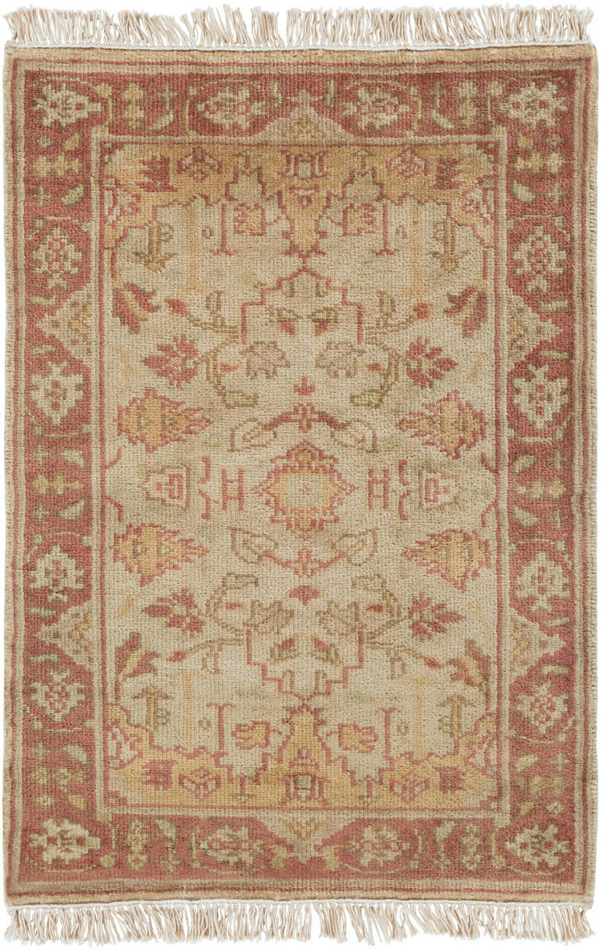 Detailed view of the hand-knotted Hobart Area Rug in brown, burgundy, and mustard tones with a traditional floral pattern. Design-Rectangle-23