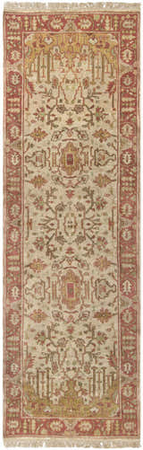 Detailed texture of the hand-knotted Hobart Area Rug. Features brown, burgundy, and olive tones in a traditional, bohemian pattern. Design-Runner-268
