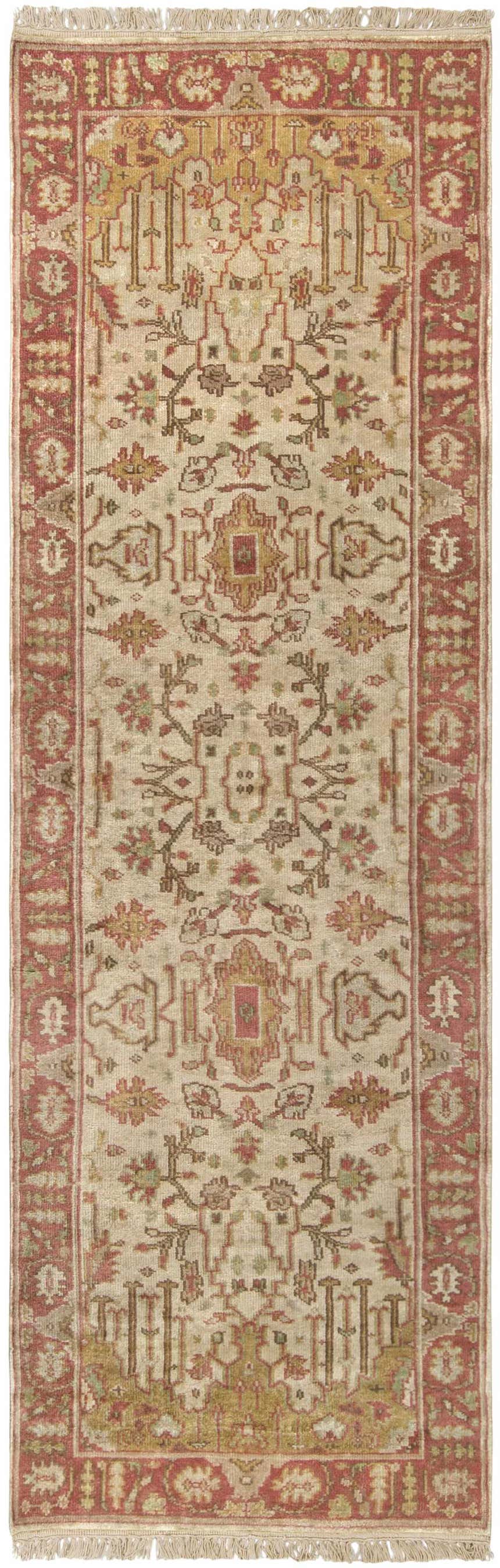 Detailed texture of the hand-knotted Hobart Area Rug. Features brown, burgundy, and olive tones in a traditional, bohemian pattern. Design-Runner-268