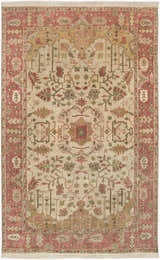 Detailed Hobart Area Rug in brown, burgundy, and olive. Hand-knotted wool rug with traditional floral and geometric patterns. Design-Rectangle-5686