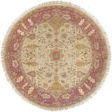Close-up of round Hobart Area Rug in brown, burgundy, and olive with a traditional hand-knotted design and fringe. Design-Round-8