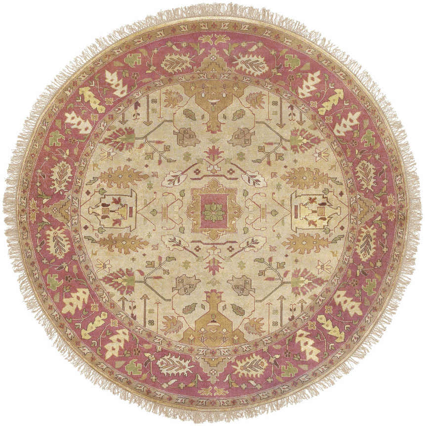Close-up of round Hobart Area Rug in brown, burgundy, and olive with a traditional hand-knotted design and fringe. Design-Round-8