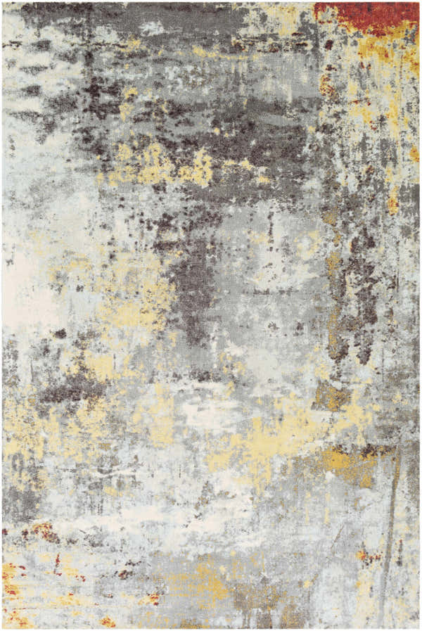 Close-up of the Hobson Abstract Area Rug, featuring a distressed pattern in black, white, mustard, and brick red hues. Design-Rectangle-576