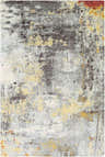 Close-up of the Hobson Abstract Area Rug, featuring a distressed pattern in black, white, mustard, and brick red hues. Design-Rectangle-576