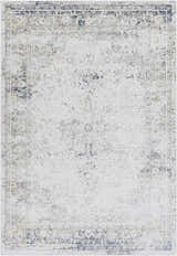 Close-up of the Holcombe Area Rug with a traditional charcoal, cream, and gray distressed pattern. Design-Rectangle-573