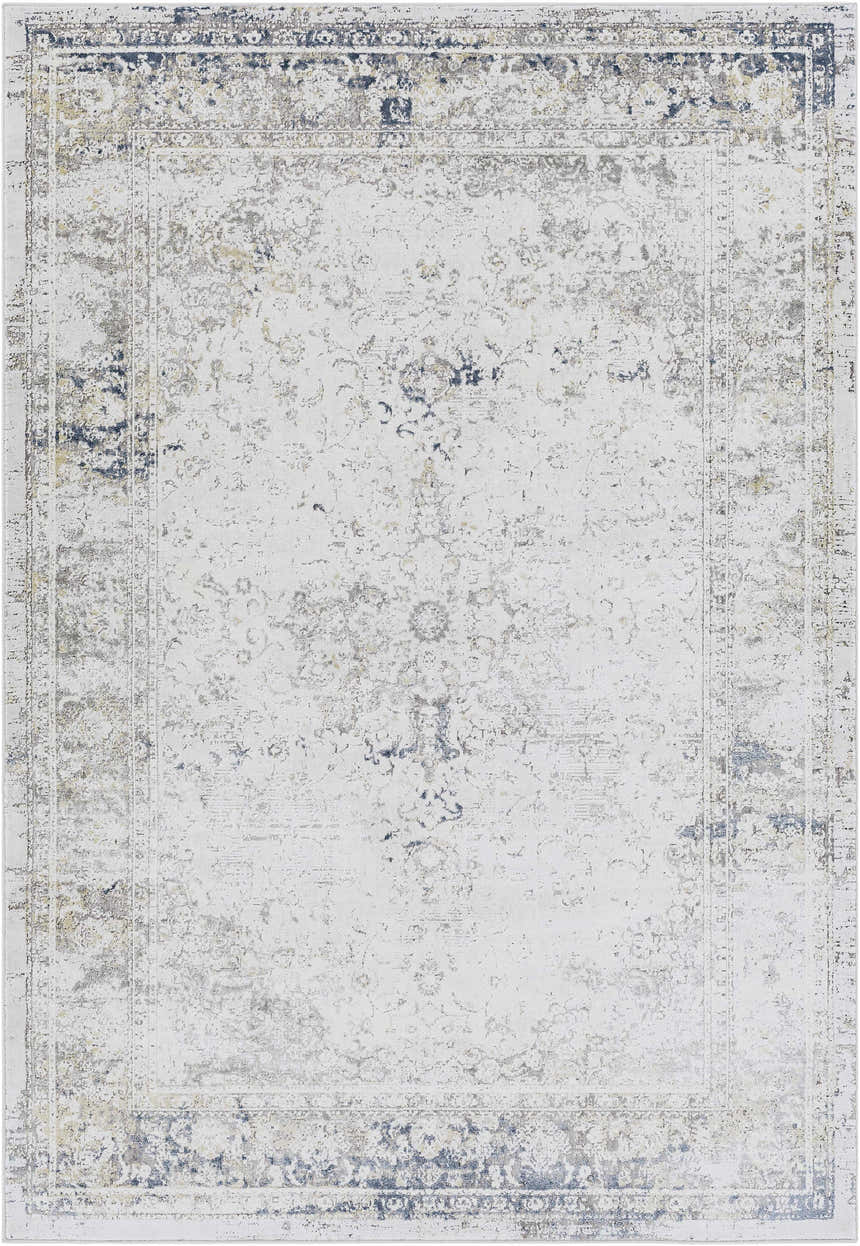 Close-up of the Holcombe Area Rug with a traditional charcoal, cream, and gray distressed pattern. Design-Rectangle-573