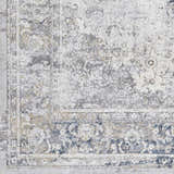 Close-up of the Holcombe Area Rug, showcasing its traditional oriental design in charcoal, cream, and gray tones. Swatch