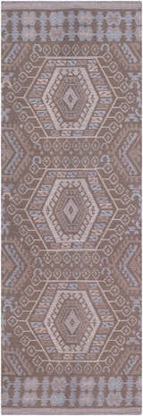Close-up of the Honeydew Area Rug showing a hand-woven geometric pattern in cream, brown, gray, and sky blue. Design-Runner-268