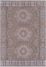 Detailed Honeydew Area Rug close-up. Farmhouse style with geometric patterns in cream, brown, gray, and sky blue. Design-Rectangle-576