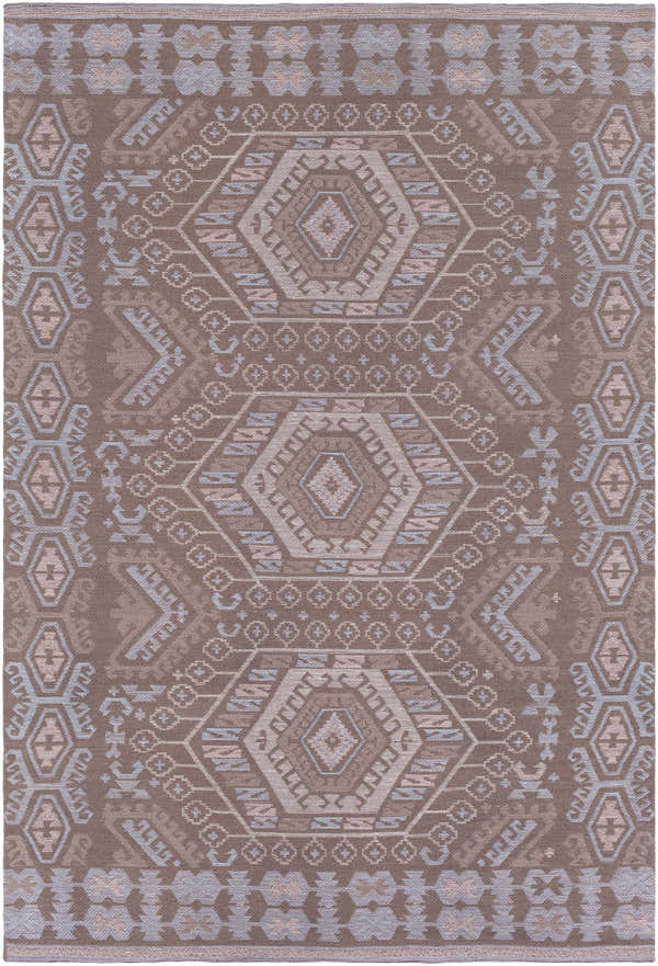 Detailed Honeydew Area Rug close-up. Farmhouse style with geometric patterns in cream, brown, gray, and sky blue. Design-Rectangle-576