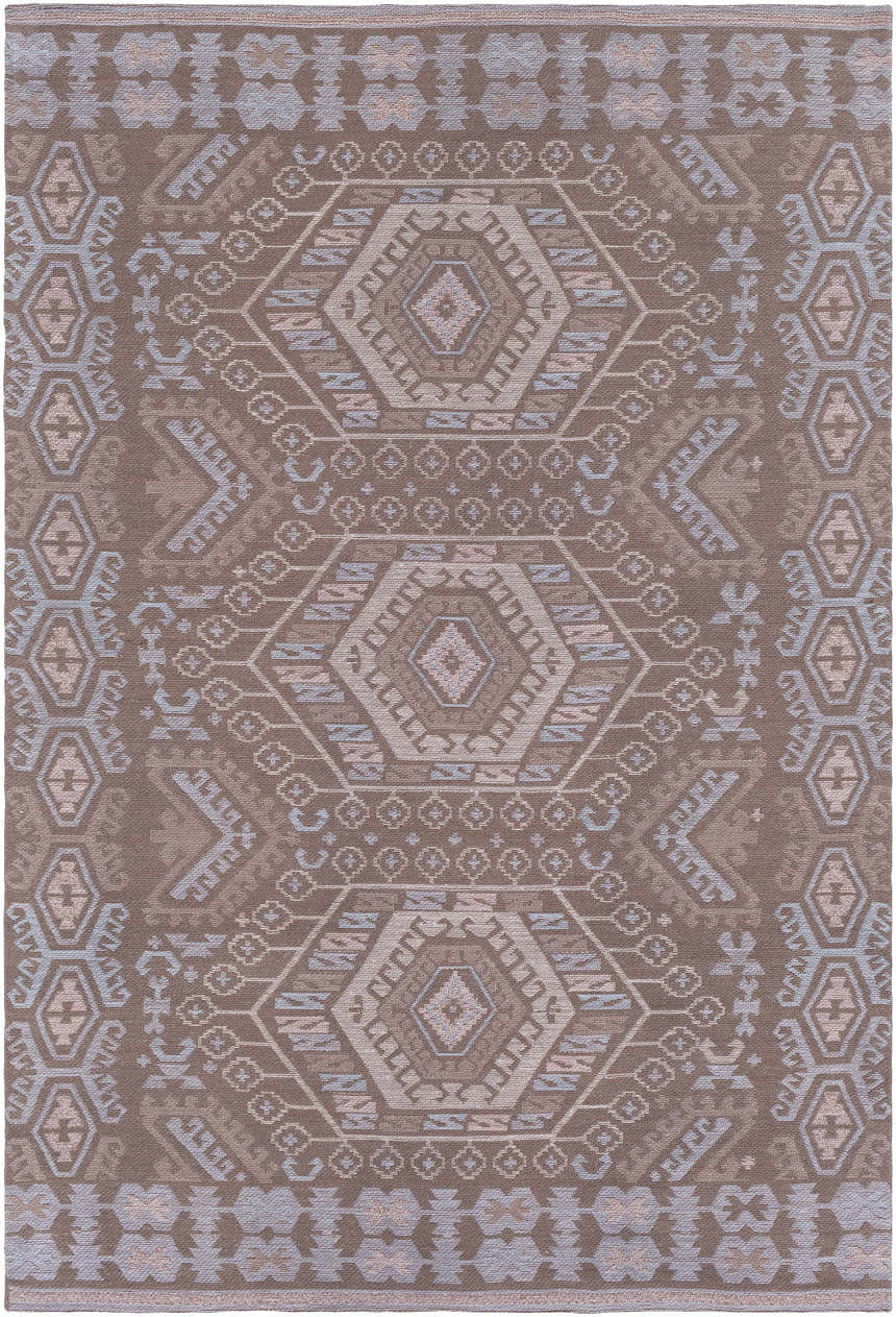 Detailed Honeydew Area Rug close-up. Farmhouse style with geometric patterns in cream, brown, gray, and sky blue. Design-Rectangle-576