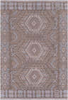 Detailed Honeydew Area Rug close-up. Farmhouse style with geometric patterns in cream, brown, gray, and sky blue. Design-Rectangle-576