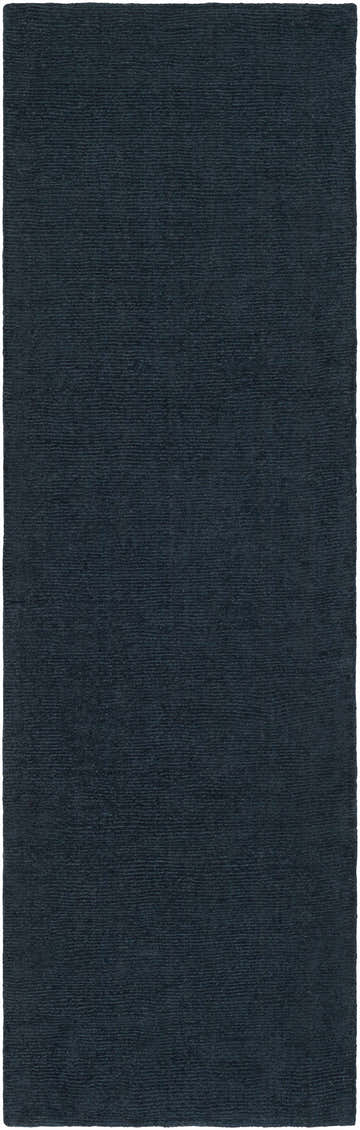 Close-up of a textured Brockton Solid Dark Blue Wool Rug. Hand-loomed, contemporary style. Design-Runner-268