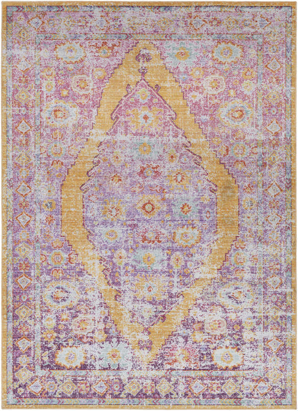 Horley Area Rug - Clearance. Traditional rug with gold diamond design and floral accents in pink, purple, and white. Design-Rectangle-5373