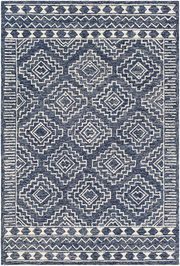 Detailed view of the Horton Modern Wool Rug in navy and beige, featuring a geometric, bohemian-inspired pattern. Design-Rectangle-576