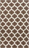 Close-up of the Hosford Area Rug. Hand-woven wool rug with a brown and tan quatrefoil pattern. Design-Rectangle-58