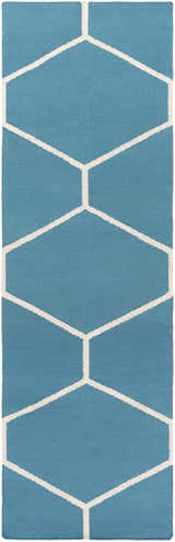 Close-up of Hoskins Area Carpet. Denim blue rug with off-white geometric pattern. Hand-woven cotton texture. Design-Runner-268