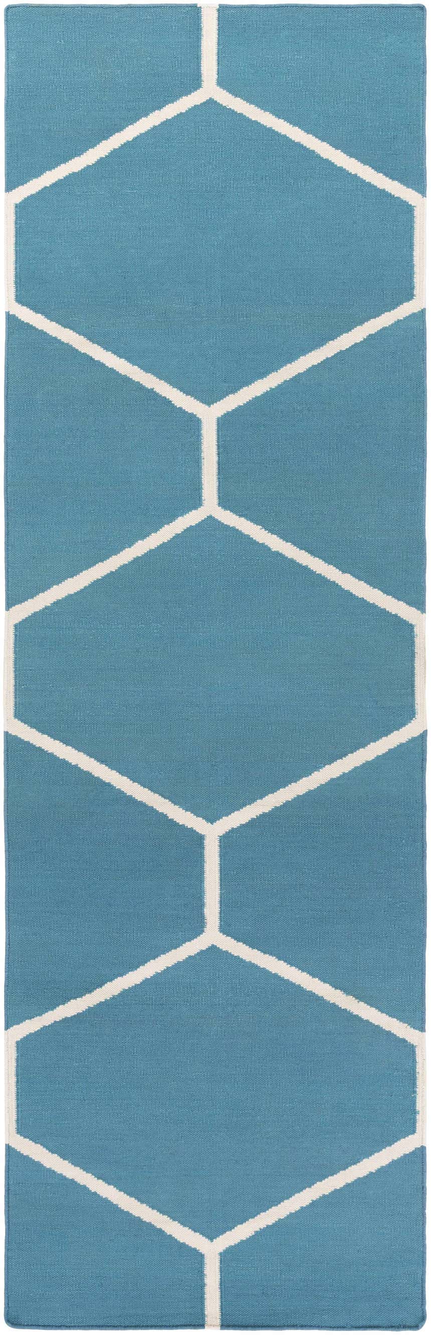 Close-up of Hoskins Area Carpet. Denim blue rug with off-white geometric pattern. Hand-woven cotton texture. Design-Runner-268