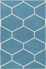 Close-up of the Hoskins Area Carpet. Denim blue cotton rug with an off-white geometric hexagon pattern. Hand woven. Design-Rectangle-576