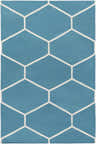 Close-up of the Hoskins Area Carpet. Denim blue cotton rug with an off-white geometric hexagon pattern. Hand woven. Design-Rectangle-576