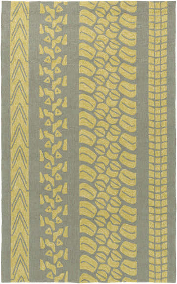Close-up of the Houma Area Rug. Lime green and sage hand-hooked rug with contemporary geometric patterns. Design-Rectangle-58