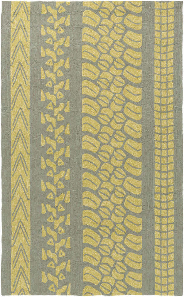 Close-up of the Houma Area Rug. Lime green and sage hand-hooked rug with contemporary geometric patterns. Design-Rectangle-58
