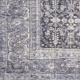 Close-up of the Housatonic Area Rug. Traditional oriental rug pattern in denim, light beige, navy, olive, pale blue, and white. Swatch