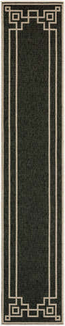 Close-up of Harborcreek Area Rug. Black rug with light beige geometric border and stripes. Contemporary style. Design-Runner-23119