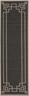 Close-up of the Harborcreek Area Rug. Black rug with light beige geometric border and stripes. Contemporary style. Design-Runner-2379