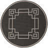 Close-up of a round Harborcreek Area Rug. Black rug with a light beige geometric Greek key pattern and border. Design-Round-73