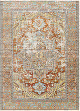 Detailed Hardwick Performance Rug in brick red, brown, and light blue. Bohemian style, machine woven rectangle rug. Design-Rectangle-5373