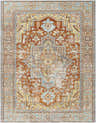 Detailed view of the Hardwick Performance Rug in brick red, brown, and light blue with a traditional oriental pattern. Design-Rectangle-71010