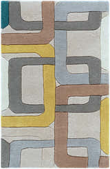 Close-up of the hand-tufted Harlech Area Rug. Features a contemporary geometric design in brown, gray, ivory, and mustard tones. Design-Rectangle-23
