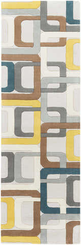 Close-up of the Harlech Area Rug. Hand-tufted wool rug with a geometric pattern in brown, blue, gray, ivory, and mustard. Design-Runner-268