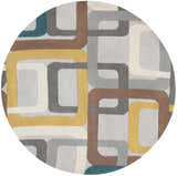 Close-up of the round Harlech Area Rug. Features a geometric pattern in brown, dark blue, gray, ivory, and mustard. Design-Round-6