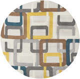 Round Harlech Area Rug - Clearance. Contemporary wool rug with geometric pattern in brown, blue, gray, ivory, and mustard. Design-Round-8