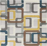 Close-up of the Harlech Area Rug featuring a geometric pattern in brown, dark blue, gray, ivory, and mustard tones. Design-Square-8