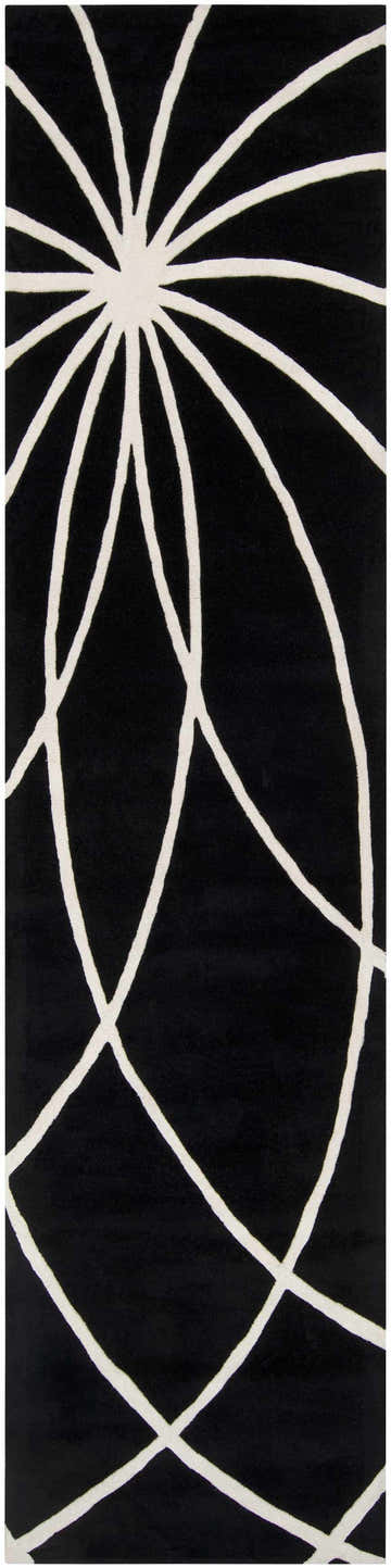 Close-up of the Davison Black Geometric Wool Carpet featuring a cream abstract floral design on a black background. Design-Runner-312