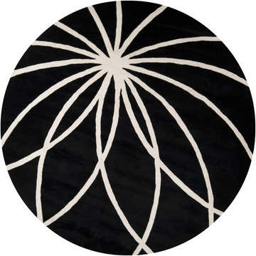 Close-up of the round Davison Black Geometric Wool Carpet with a cream starburst pattern on a black background. Design-Round-8