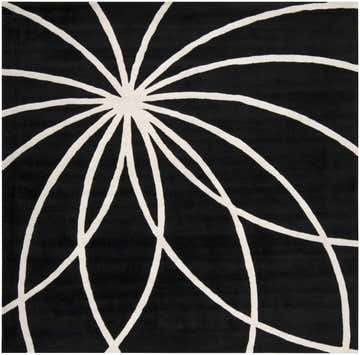 Close-up of the Davison Black Geometric Wool Carpet featuring a cream abstract floral design on a black background. Design-Square-8