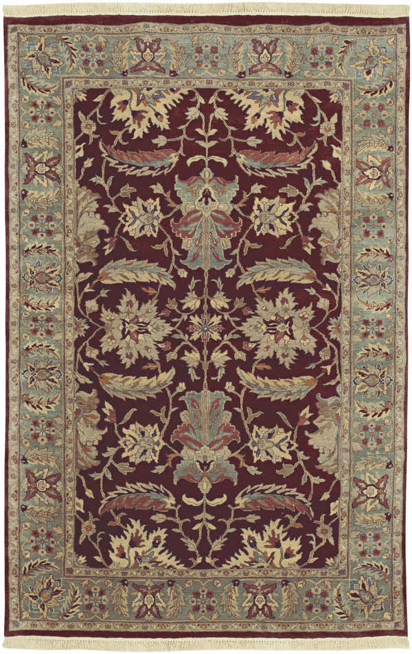 Detailed floral pattern of the Hornbeak Premium Wool Rug in brick red, cream, and light green. Hand-knotted traditional design. Design-Rectangle-5686