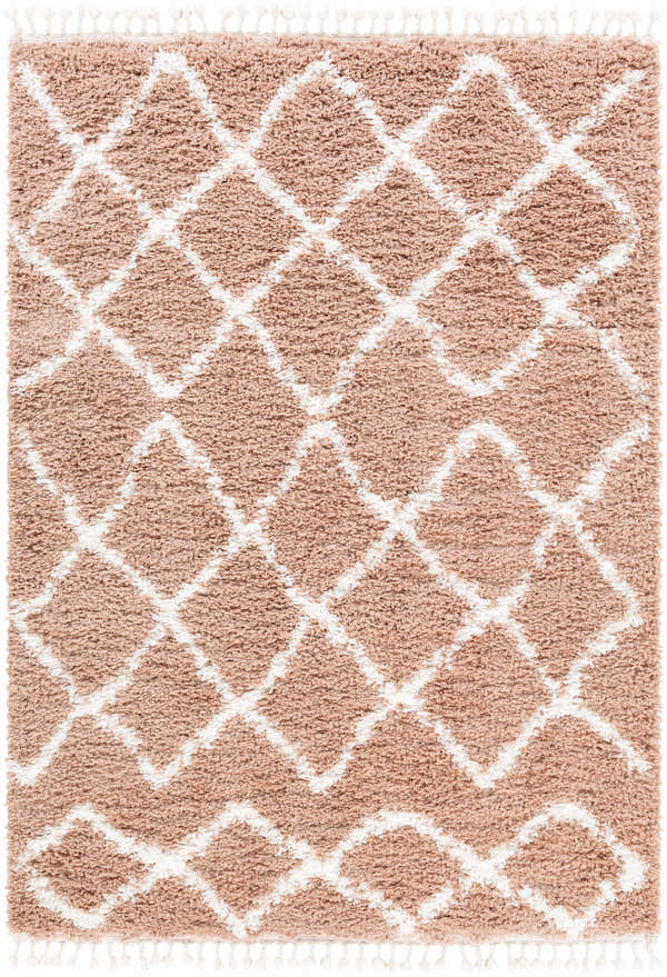 Close-up of the Hornsby Area Rug. Dusty pink shag rug with off-white geometric diamond pattern and tassels. Bohemian style. Design-Rectangle-5373
