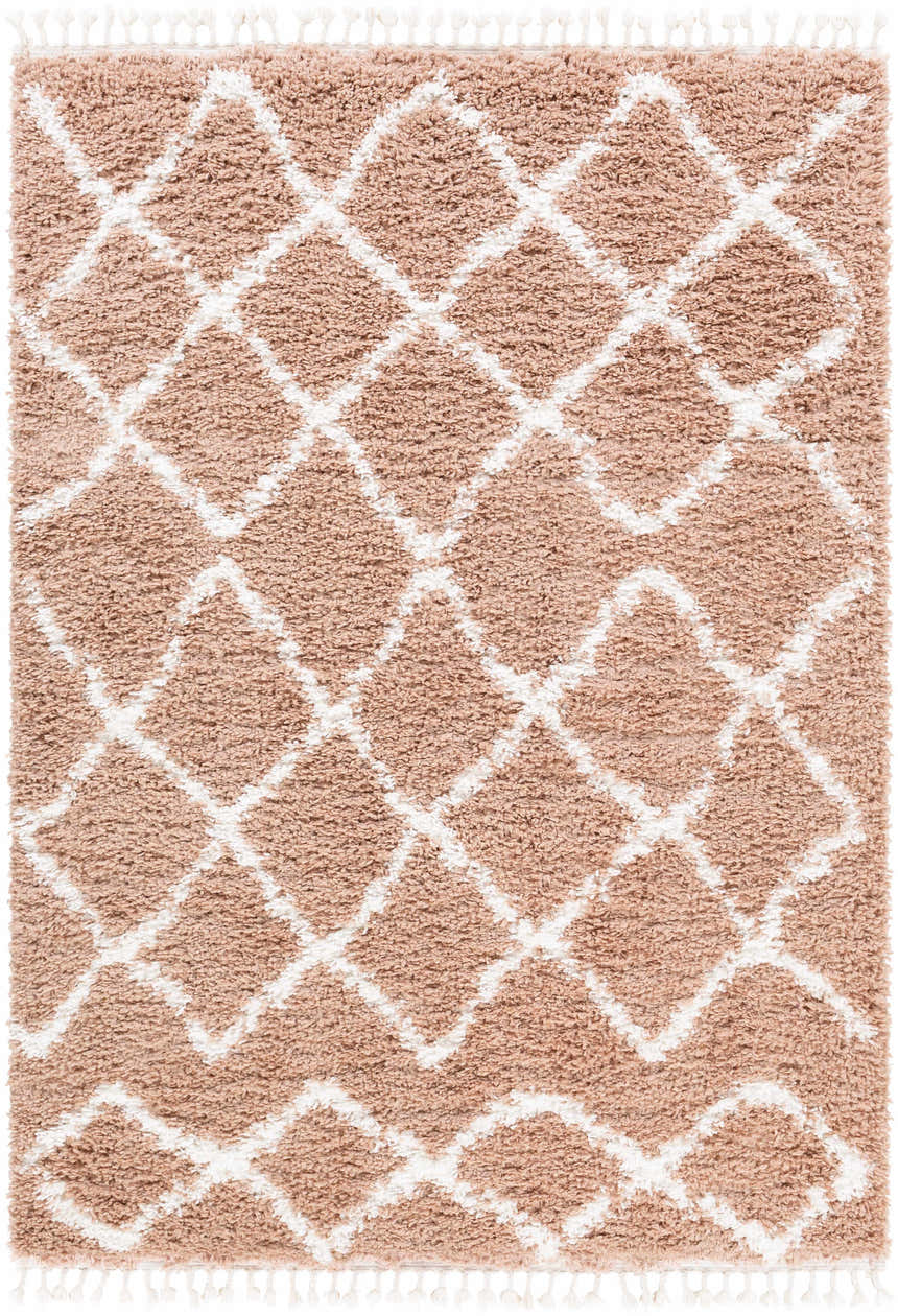 Close-up of the Hornsby Area Rug. Dusty pink shag rug with off-white geometric diamond pattern and tassels. Bohemian style. Design-Rectangle-5373