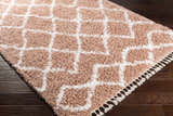 Close-up of the Hornsby Area Rug. Dusty pink shag rug with an off-white geometric pattern and tassels on dark wood floors. Corner