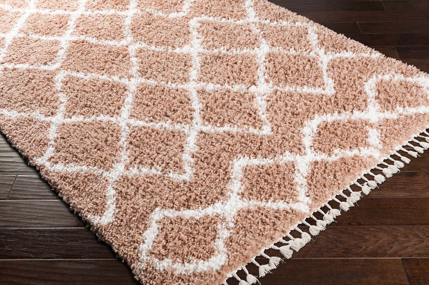 Close-up of the Hornsby Area Rug. Dusty pink shag rug with an off-white geometric pattern and tassels on dark wood floors. Corner